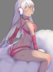  1girl altera_(fate) altera_the_santa ass blush dark_skin fate/grand_order fate_(series) looking_at_viewer nikuku_(kazedesune) red_eyes silver_hair sitting solo 