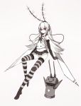  1girl antennae bare_shoulders black_gloves black_neckwear closed_mouth commentary_request dark_persona elbow_gloves full_body gloves grey_background hair_between_eyes harau headphones highres insect_wings jitome kantai_collection long_hair long_legs looking_at_viewer microskirt midriff mosquito mosquito_girl navel neckerchief no_shoes pleated_skirt red_eyes red_sailor_collar rensouhou-chan school_uniform serafuku shimakaze_(kantai_collection) shirt simple_background skirt striped striped_legwear thigh-highs white_hair white_shirt white_skin wings 