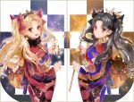  2girls :d black_bow black_hair blonde_hair bow closed_mouth commentary_request cowboy_shot crown earrings ereshkigal_(fate/grand_order) eyebrows_visible_through_hair fate/grand_order fate_(series) from_side fur_collar hair_bow holding ishtar_(fate/grand_order) japanese_clothes jewelry kimono long_hair long_sleeves looking_at_viewer looking_to_the_side multiple_girls obi open_mouth red_bow red_eyes revision sash shutsuri smile standing symmetry tohsaka_rin twintails wide_sleeves 