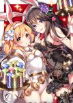 2girls animal_ears asymmetrical_docking black_legwear black_leotard blonde_hair blue_eyes blush border bow bowtie breast_press breasts brown_eyes brown_hair bunny_girl bunny_tail bunnysuit detached_collar djeeta_(granblue_fantasy) eyebrows_visible_through_hair fingers_to_mouth flower granblue_fantasy hair_between_eyes hair_flower hair_ornament heart heart-shaped_pupils highres homaderi leotard long_hair looking_at_viewer medium_breasts multiple_girls outside_border parted_lips poker_chip rabbit_ears red_background red_neckwear rosetta_(granblue_fantasy) sparkle symbol-shaped_pupils tail thigh-highs tray v-shaped_eyebrows very_long_hair white_legwear white_leotard wrist_cuffs 