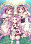  3girls black_panties black_ribbon blush breasts dress euryale fate/grand_order fate_(series) hairband halo head_wreath lolita_hairband long_hair looking_at_viewer medusa_(lancer)_(fate) multiple_girls panties purple_hair ribbon rider siblings sisters small_breasts smile stheno suzune_rena twintails underwear very_long_hair violet_eyes white_dress 
