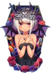  1girl bangs bare_shoulders bat_wings black_dress black_wings blush breasts closed_mouth collarbone cross cross_necklace dark_skin dress fake_horns flower gem hands_on_own_chest heart heart_cutout highres jewelry lips looking_at_viewer medium_breasts necklace nose_blush ntk_(7t5) original purple_rose red_eyes red_rose rose shiny shiny_hair shiny_skin sidelocks silver_hair smile spikes strapless strapless_dress upper_body wings wrist_cuffs 