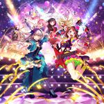  5girls absurdres artist_request bang_dream! black_hair blonde_hair breasts brown_hair checkered checkered_floor choker cleavage cropped_jacket crown electric_guitar gloves grin guitar high_heels highlights highres instrument jumping lavender_hair maruyama_aya midriff minato_yukina mini_crown mitake_ran multicolored_hair multiple_girls official_art open_mouth outstretched_arms pink_hair pom_poms red_eyes redhead single_thighhigh skirt smile thigh-highs thigh_strap toyama_kasumi tsurumaki_kokoro twintails two-tone_hair violet_eyes yellow_eyes 