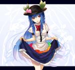 1girl blue_hair blue_skirt bow breasts commentary_request cowboy_shot food fruit hat highres hinanawi_tenshi leaf letterboxed long_hair looking_at_viewer neck_bow open_mouth peach petticoat puffy_short_sleeves puffy_sleeves red_bow red_eyes red_neckwear rin_falcon shirt short_sleeves sidelocks skirt skirt_lift small_breasts solo touhou very_long_hair white_shirt 