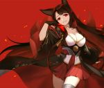  1girl akagi_(azur_lane) animal_ears arm_at_side azur_lane black_gloves breasts brown_hair cleavage collarbone cowboy_shot eyebrows_visible_through_hair fox_ears fox_girl fox_tail fumio_(kanmi) gloves hand_up head_tilt highres japanese_clothes kimono kitsune large_breasts long_hair long_sleeves looking_at_viewer makeup obi open_clothes parted_lips partly_fingerless_gloves pleated_skirt pointing pointing_at_self red_background red_eyes red_skirt revision sash simple_background skirt smile solo standing tail tassel thigh-highs underbust very_long_hair white_kimono wide_sleeves zettai_ryouiki 