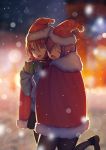  2girls bangs black_skirt blurry blurry_background blush brown_hair christmas crying depth_of_field fate/grand_order fate_(series) fujimaru_ritsuka_(female) hair_between_eyes hair_over_one_eye hat holding hug leg_up long_sleeves looking_at_viewer mash_kyrielight multiple_girls open_mouth purple_hair santa_costume scarf short_hair signature skirt sleeves_past_wrists snow sweater teeth winter winter_clothes xiaosan_ye 