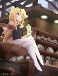  1girl animal_ears bar bare_shoulders black_leotard black_neckwear black_ribbon blonde_hair blue_eyes breasts bunny_girl bunnysuit closed_mouth coffee_pot commission covered_navel cup day detached_collar drinking_glass gabriel_dropout gh high_heels highleg highleg_leotard holding holding_tray indoors jar legs_crossed leotard light long_hair looking_at_viewer neck_ribbon on_table rabbit_ears ribbon sandwiched shelf sign sitting small_breasts solo strapless strapless_leotard table tenma_gabriel_white thigh-highs tray very_long_hair white_legwear wrist_cuffs 