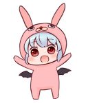  1girl :d animal_costume arms_up bangs batta_(ijigen_debris) blue_hair bunny_costume chibi eyebrows_visible_through_hair fang full_body looking_at_viewer low_wings open_mouth red_eyes remilia_scarlet short_hair simple_background smile solo standing touhou white_background wings 