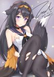  1girl alternate_costume animal_ears arm_at_side armpit_peek bag bare_shoulders black_hair black_legwear blush bra bra_peek choker closed_mouth collarbone copyright_name damaged dated dress girls_frontline grey_background hair_flaps hairband long_hair looking_at_viewer pantyhose sailor_dress signature simple_background sitting sleeveless sleeveless_dress smile super_sass_(girls_frontline) tail tareme tearing_up tears torn_clothes torn_dress torn_pantyhose tree twitter_username underwear unel1211 violet_eyes weapon white_bra white_dress 