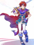  1boy armor blue_eyes boots breastplate cape fingerless_gloves fire_emblem fire_emblem:_fuuin_no_tsurugi gloves headband holding holding_sword holding_weapon looking_at_viewer pauldrons redhead roy_(fire_emblem) solo spiky_hair sword weapon 