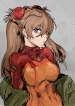  1girl blue_eyes bodysuit breasts brown_hair cigarette covered_navel eyebrows_visible_through_hair green_jacket grey_background hair_between_eyes highres hiranko jacket large_breasts long_hair looking_at_viewer mouth_hold neon_genesis_evangelion off_shoulder plugsuit red_bodysuit sketch smoking solo souryuu_asuka_langley twintails upper_body 