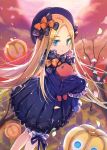  1girl abigail_williams_(fate/grand_order) bangs bare_tree black_bow black_dress black_hat blonde_hair bloomers blue_eyes bow butterfly clouds cloudy_sky commentary_request dress eyebrows_visible_through_hair fate/grand_order fate_(series) hair_bow hat jack-o&#039;-lantern jin_young-in long_sleeves looking_at_viewer noose object_hug orange_bow outdoors parted_bangs parted_lips polka_dot polka_dot_bow rope sky sleeves_past_wrists solo stuffed_animal stuffed_toy teddy_bear tree underwear v-shaped_eyebrows white_bloomers 
