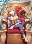  1girl akkijin blonde_hair bored breasts card_(medium) clock clockwork looking_at_viewer open_mouth orange_eyes shinkai_no_valkyrie sitting small_breasts solo staff thigh-highs throne weapon 