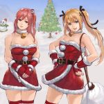  2girls :d bangs bare_shoulders bell bell_collar belt blonde_hair blue_eyes blue_sky breasts christmas christmas_tree cleavage closed_mouth collar contrapposto cowboy_shot day dead_or_alive dress fingerless_gloves fur_collar fur_trim gloves head_tilt honoka_(doa) iwauchi_tomoki large_breasts legs_apart long_hair looking_at_viewer marie_rose multiple_girls open_mouth outdoors pom_pom_(clothes) red_dress red_eyes red_gloves red_legwear redhead rope sack santa_costume short_dress sky smile snow snowman standing strapless strapless_dress thigh-highs thigh_gap twintails 