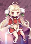  1girl ahoge azur_lane bell box capelet christmas commentary_request eldridge_(azur_lane) gift gift_box gloves hair_ornament hairclip light_brown_hair long_hair looking_at_viewer navel orange_eyes parted_lips red_gloves santa_costume sitting solo twintails v_arms yukiyuki_441 