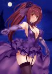  1girl bangs black_legwear blush breasts cleavage closed_mouth dress elbow_gloves fate/grand_order fate_(series) full_moon garter_straps gloves hair_intakes jirusu large_breasts long_hair looking_at_viewer moon night outdoors outstretched_arm ponytail purple_dress purple_gloves purple_hair red_eyes scathach_(fate/grand_order) sidelocks solo standing thighs 