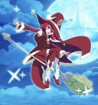  1girl armpits bell broom broom_riding cape christmas full_body fur_trim hat highres jingle_bell little_witch_academia looking_at_viewer moon open_mouth red_eyes redhead shiny_chariot showers-u sky solo witch_hat 