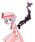  1girl ascot batta_(ijigen_debris) blue_hair blush commentary_request dress eyebrows_visible_through_hair from_side hat highres japan leaning_forward looking_at_viewer mob_cap pink_dress pink_hat puffy_short_sleeves puffy_sleeves red_eyes red_neckwear remilia_scarlet short_hair short_sleeves solo touhou wrist_cuffs 