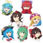  6+girls :d ;) antennae arm_up bangs black_hair black_hat blonde_hair blue_bow blue_hair bow bowtie brown_eyes clownpiece commentary_request eternity_larva eyebrows_visible_through_hair fang food fruit green_eyes green_hair hair_between_eyes hair_bow hair_over_shoulder hair_tubes hakurei_reimu half-closed_eye hat highres hinanawi_tenshi jester_cap kagiyama_hina leaf leaf_on_head long_hair looking_at_viewer looking_to_the_side multiple_girls one_eye_closed open_mouth peach polka_dot pom_pom_(clothes) red_bow red_eyes red_neckwear redhead sekibanki shameimaru_aya short_hair short_sleeves sidelocks simple_background smile tokin_hat touhou tyouseki violet_eyes white_background 