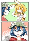  3girls absurdres animal_ears blue_hair bow bowtie bucket_hat comic eyebrows_visible_through_hair hat hat_feather highres kaban_(kemono_friends) kemono_friends multicolored_hair multiple_girls red_shirt sand_cat_(kemono_friends) serval_(kemono_friends) serval_ears serval_print shirt sleeveless sleeveless_shirt sunagawa383 two-tone_hair 