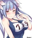  1girl absurdres blue_hair blush breasts collarbone eyebrows_visible_through_hair highres i-19_(kantai_collection) kantai_collection kiritto large_breasts long_hair name_tag red_eyes school_swimsuit simple_background smile solo swimsuit twintails twitter_username white_background 