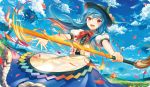 1girl :d blue_hair blue_skirt blush clouds cloudy_sky day fire floating_hair floating_island from_below hair_between_eyes hat highres hinanawi_tenshi holding kikugetsu long_hair long_skirt looking_at_viewer open_mouth outdoors petals red_eyes shirt skirt sky smile solo standing touhou white_shirt wind
