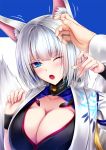 1girl akeyama_kitsune animal_ears azur_lane blue_background blue_eyes blush breasts cleavage commentary eyebrows_visible_through_hair eyes_visible_through_hair fox_ears fox_tail japanese_clothes kaga_(azur_lane) large_breasts looking_at_viewer multiple_tails one_eye_closed open_mouth short_hair simple_background solo_focus sweatdrop tail white_hair wristband 
