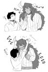  2boys 2koma broken_horn comic crying dark_skin dark_skinned_male fang greyscale horns long_hair male_focus mitosansan monochrome multiple_boys original pointing pointing_at_self puckered_lips pulling ribbed_sweater school_uniform squinting sweater translation_request 
