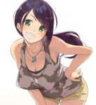 1girl breasts camouflage_shirt character_request cleavage collarbone commentary_request copyright_request cowboy_shot dog_tags eyebrows_visible_through_hair green_eyes grin hand_on_hip kawaty leaning_forward long_hair looking_at_viewer medium_breasts purple_hair short_shorts shorts simple_background smile solo tank_top white_background 