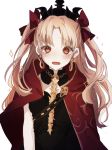  1girl arm_at_side asa_(memento) bangs blonde_hair blush bow cloak earrings ereshkigal_(fate/grand_order) eyebrows_visible_through_hair fate/grand_order fate_(series) hair_bow jewelry long_hair looking_at_viewer open_mouth parted_bangs red_bow red_eyes simple_background skull solo spine tiara tohsaka_rin two_side_up white_background 