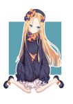 1girl abigail_williams_(fate/grand_order) absurdres bangs black_bow black_dress black_footwear black_hat blonde_hair bloomers blue_background blue_eyes blush bow butterfly closed_mouth commentary_request dress duzi_teng fate/grand_order fate_(series) forehead full_body hair_bow hat head_tilt highres long_hair long_sleeves looking_to_the_side mary_janes orange_bow parted_bangs polka_dot polka_dot_bow shoes sitting sleeves_past_wrists solo stuffed_animal stuffed_toy teddy_bear two-tone_background underwear v-shaped_eyebrows very_long_hair wariza white_background white_bloomers 