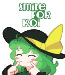  1girl ^_^ black_headwear chefhart closed_eyes closed_mouth commentary_request english_commentary english_text fedora green_hair happy hat hat_ribbon highres komeiji_koishi medium_hair ribbon smile solo touhou yellow_ribbon 