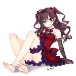  1girl ahoge anklet arm_support bare_shoulders barefoot blue_eyes bow brown_hair dress earrings elbow_gloves eyebrows_visible_through_hair feet floating_hair full_body gloves hair_between_eyes hair_bow highres ichinose_shiki idolmaster idolmaster_cinderella_girls jewelry kuro_(kuronell) long_hair looking_at_viewer neck_ribbon pinafore_dress red_dress ribbon shiny shiny_skin short_dress sitting sleeveless smile soles solo striped striped_bow striped_ribbon thigh_strap toes twintails white_background 