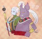  1boy 1girl bracelet champa_(dragon_ball) copyright_name dragon_ball dragon_ball_super egyptian_clothes expressionless hand_on_hip jewelry katori_(katokichi) long_hair looking_at_viewer ponytail simple_background smile staff vados_(dragon_ball) very_long_hair violet_eyes white_hair 