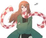  1girl bangs brown_eyes brown_hair checkered_scarf closed_mouth commentary crossed_arms dated eyebrows_visible_through_hair futatsuiwa_mamizou futatsuiwa_mamizou_(human) glasses hakuro109 japanese_clothes leaf leaf_on_head long_hair long_sleeves looking_at_viewer scarf signature simple_background smile solo standing touhou upper_body white_background wide_sleeves 