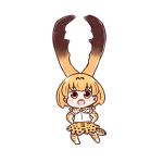  1girl :d bangs batta_(ijigen_debris) blonde_hair blush bow bowtie brown_eyes chibi commentary_request elbow_gloves eyebrows_visible_through_hair full_body gloves kemono_friends looking_at_viewer open_mouth orange_gloves orange_hair orange_legwear serval_(kemono_friends) shirt short_hair simple_background sleeveless sleeveless_shirt smile solo stag_beetle standing thigh-highs upper_teeth white_background white_shirt 