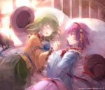  2girls 60mai black_hairband black_hat blouse closed_eyes closed_mouth commentary_request green_hair green_skirt hairband hand_holding hat hat_removed headwear_removed heart indoors kaenbyou_rin kaenbyou_rin_(cat) komeiji_koishi komeiji_satori lying multiple_girls on_bed on_side pillow pink_skirt purple_hair reiuji_utsuho reiuji_utsuho_(bird) siblings sisters skirt smile third_eye touhou violet_eyes 