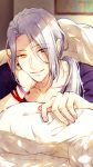  1boy a3! eyes_visible_through_hair hair_over_one_eye long_hair lying male_focus on_stomach parted_lips pillow ponytail pov silver_hair solo twitter_username under_covers white_hair yellow_eyes yukishiro_azuma 