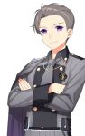  1boy cape closed_mouth collared_shirt copyright_request crossed_arms grey_cape grey_neckwear grey_pants grey_shirt jenevan looking_at_viewer male_focus military military_uniform necktie pants shirt simple_background smile solo uniform upper_body violet_eyes white_background 