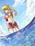 1girl blonde_hair blue_eyes braid breasts chrono_cross commentary_request jewelry kid_(chrono_cross) long_hair midriff navel necklace ponytail single_braid skirt solo vest 