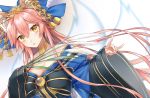  1girl animal_ears bare_shoulders bell bow breasts cleavage collarbone fate/grand_order fate_(series) fox_ears fox_shadow_puppet fox_tail hair_bow hair_ribbon hsiao japanese_clothes large_breasts looking_at_viewer multiple_tails open_mouth pink_hair ribbon solo tail tamamo_(fate)_(all) tamamo_no_mae_(fate) yellow_eyes 