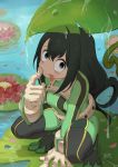  1girl :p asui_tsuyu black_hair bodysuit boku_no_hero_academia breasts flower full_body gloves highres leaf lily_pad long_hair looking_at_viewer nature pond rain solo squatting tongue tongue_out water water_drop 