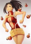  1girl absurdres bangs bare_shoulders belt black_hair boku_no_hero_academia breasts brown_eyes cleavage clenched_hand collar dress expressionless floating_object grey_background highres lips marlitza matryoshka_doll navel red_dress short_dress simple_background solo thighs yaoyorozu_momo 