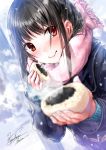  1girl anpan black_hair blurry blush bread depth_of_field eyebrows_visible_through_hair food food_on_face highres kazuharu_kina long_hair long_sleeves looking_at_viewer original red_eyes scarf school_uniform signature solo upper_body winter_clothes 
