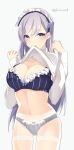  1girl alternate_costume azur_lane bangs belfast_(azur_lane) blue_bra blue_eyes blue_panties blush bra braid breasts cleavage closed_mouth clothes_lift cowboy_shot eyebrows_visible_through_hair french_braid frilled_bra frilled_panties frills grey_background highres large_breasts lifted_by_self long_sleeves looking_at_viewer maid_headdress mouth_hold panties pantyhose shiny shiny_hair silver_hair simple_background sleeves_past_wrists smile solo standing striped sweater sweater_lift swept_bangs thighband_pantyhose twitter_username underwear vertical-striped_bra vertical-striped_panties vertical_stripes w_arms white_legwear white_sweater 