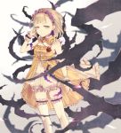  1girl asuto_(rooftop) bangs bare_arms blonde_hair bloomers blunt_bangs blurry breasts briar_rose_(sinoalice) depth_of_field detached_collar dress feet_out_of_frame flower frilled_dress frills gradient gradient_background hair_flower hair_ornament hairband half-closed_eye jewelry looking_at_viewer navel necklace rose rubbing_eyes short_hair sinoalice sleepy sleeveless sleeveless_dress small_breasts solo standing striped striped_legwear thigh-highs thorns underwear vertical-striped_legwear vertical_stripes white_legwear wrist_cuffs yellow_eyes 