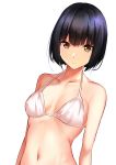  1girl bangs bare_arms bare_shoulders bikini bikini_top black_hair bob_cut breasts cleavage closed_mouth collarbone expressionless eyebrows_visible_through_hair halterneck highres looking_at_viewer medium_breasts navel original short_hair simple_background solo spider_apple stomach swimsuit tareme upper_body white_background white_bikini yellow_eyes 
