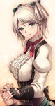  1girl bangs black_bow black_gloves blush bow breasts center_frills ciel_alencon closed_mouth corset elbow_gloves eyebrows_visible_through_hair fingerless_gloves fingernails frilled_shirt frills gloves god_eater god_eater_2:_rage_burst hair_rings hand_holding highres juliet_sleeves large_breasts long_sleeves looking_at_viewer neck_ribbon pov puffy_sleeves red_neckwear red_ribbon ribbon shirt short_hair smile swept_bangs tsurime upper_body watanuki_kaname white_shirt 