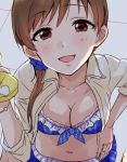  1girl bangs bikini bikini_under_clothes blue_bikini blush breasts brown_hair cleavage hand_on_hip idolmaster idolmaster_cinderella_girls keikesu long_hair medium_breasts navel nitta_minami open_clothes open_mouth open_shirt scrunchie shirt smile solo sponge swept_bangs swimsuit waist 