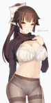  1girl arm_behind_back azur_lane bangs black_sweater blunt_bangs blush bow bra breasts brown_hair brown_legwear clothes_lift hair_bow high_ponytail highres large_breasts lifted_by_self long_hair long_sleeves looking_at_viewer own_hands_together panties panties_under_pantyhose pantyhose parted_lips shiny shiny_hair smile solo standing sweater sweater_lift takao_(azur_lane) thighband_pantyhose turtleneck turtleneck_sweater twitter_username underwear white_bow white_bra white_panties yellow_eyes 